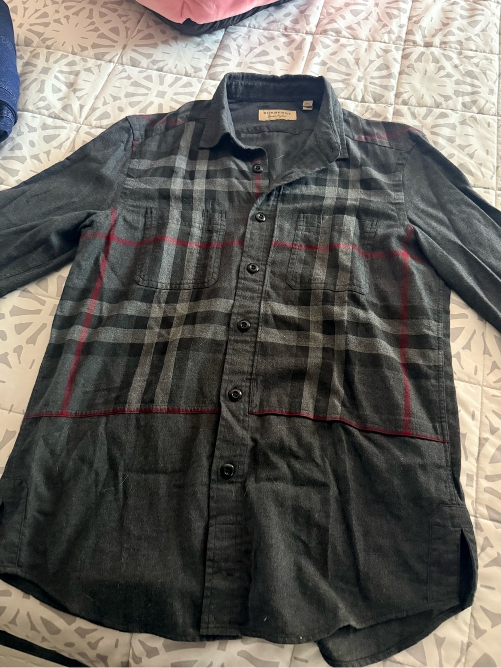 Burberry Black Gray Plaid Long Sleeve Dress Shirt